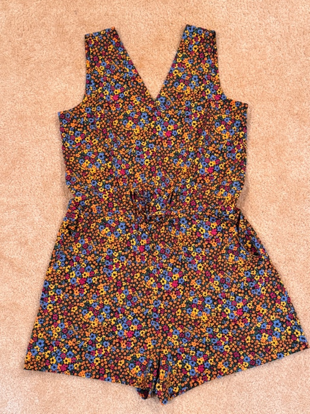 Toad&Co Black Floral V-Neck Romper with Blue, Yellow & Pink Flowers